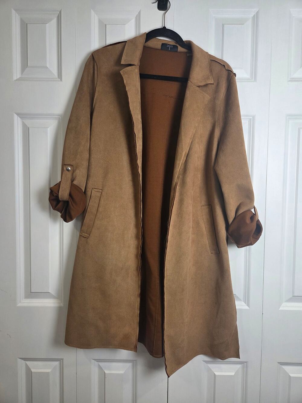 Tahari Faux Suede/Leather Tan Cardigan Lightweight Jacket Large Rolled Sleeve
